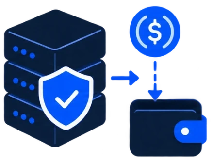 A server with a security check passes the verified payment on, and the USDC lands in a wallet.
